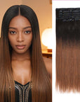 QVR Ombre Brown PU Clip In Hair Extensions Straight Seamless Clip In Human Hair