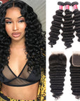 natural black loose deep wave human hair 3 bundles with remy hair weave with 4x4 lace closure