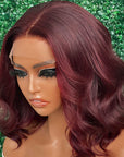 rich burgundy short bob wig with soft body wave texture, human hair lace wig