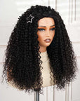 QVR Glueless Water Wave Half Wig 250% Density Human Hair Wig Natural Black Wear Go Flip Over Wig