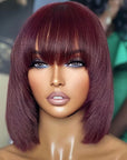 Human hair bob wig with bangs, straight style, vibrant 99J color
