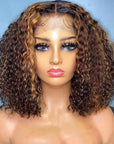 highlighted deep curly bob wigs, ombre honey brown 4x4 lace closure bob wigs for natural Black hair