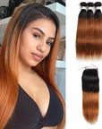 qvr t1b/30 ombred brown brazilian straight human hair bundles with 4x4 lace closure