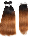 t1b/30 ombred brown brazilian straight human hair bundles with 4x4 lace closure