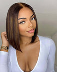 chic straight bob wigs with glueless 5x5 lace and brown highlights