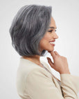 short bob wigs with sleek texture and mature salt and pepper color