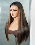QVR Natural Hairline Brown Highlight Silky Straight Glueless 13x4 Pre-cut Lace Frontal Wig Human Hair
