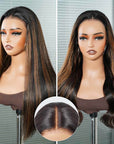 QVR Natural Hairline Brown Highlight Silky Straight Glueless 13x4 Pre-cut Lace Frontal Wig Human Hair