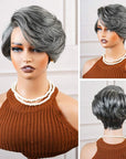 QVR Glueless Silver Grace Short Bob Wig Salt & Pepper Side-Swept Pixie Cut Wig Human Hair Wigs