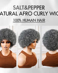 QVR Natural Afro Curly Wigs Salt&Pepper Pixie Cut Short Curly Human Hair Wigs