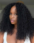 QVR Glueless Burmese Curly V Part Wigs Natural Black Invisible Lace Edge Human Hair Wig