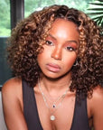 ombre honey brown deep curly short bob wigs, human hair lace closure bob wigs for Black women