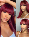 qvr glueless wigs with bangs in bold 99j burgundy color for black women