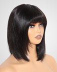 Chic short bob wigs, machine-made, straight human hair, black color with bangs
