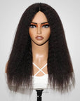 kinky straight v part wigs on wig stand front view