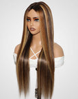 P1B/30/27 colored silky straight v part human hair wig on wig stand side view