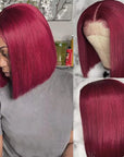 sleek burgundy human hair bob wigs with t lace