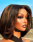 stylish stacked bob wig with swoopy layers and rich brown highlights