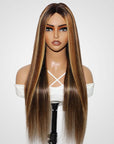 P1B/30/27 colored silky straight v part human hair wig on wig stand front view