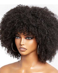 qvr glueless lace wigs, afro curls with a chic, bang style.