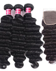 black loose deep wave human hair 3 bundles with remy hair weave with 4x4 lace closure