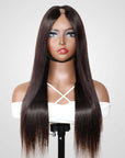 silky straight v part wigs on wig stand front view