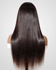 silky straight v part wigs on wig stand back view
