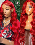 qvr wigs 32 inch body wave lace front, offering a flawless red look