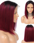 deep burgundy human hair bob wig with 1B roots, classy and chic short length