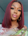 burgundy short bob wig with dark roots, sleek straight cut and natural lace parting