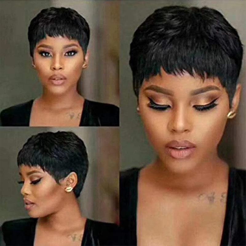 thumbnail image 2 of ATOZWIG Short Remy Human Hair Pixie Wig – Natural Black – Side Bangs – Heat Resistant – Small Cap 2 of 4