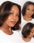 elegant brown highlights stacked bob wig with swoopy layers