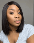 glueless C part short bob wig with smooth, straight human hair