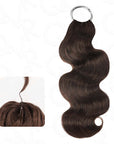 Dark brown body wave crochet hair extension, human hair, showing texture and application close-up.