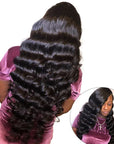 full head look of black loose deep wave human hair 3 bundles with remy hair weave with 4x4 lace closure