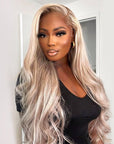 blonde and brown highlights on qvr human hair wigs, perfect for a vibrant, layered look.