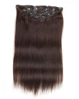 Straight 7pcs clip in virgin human hair extensions in natural black color.