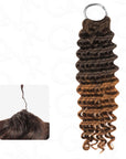 Deep wave T2/30 crochet hair extension, 100% human hair, machine made feather, shown in dark brown to caramel ombre.