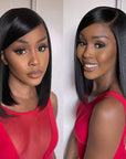 sleek silky straight short bob wigs with dramatic swoop bangs
