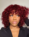 burgundy water wave short pixie cut wigs with bangs, ombre color bob wigs for black women