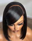 stylish bob wigs with swoop bangs and natural sheen