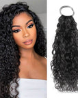 Woman wearing water wave dark brown crochet human hair extensions, showcasing texture and style.