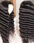 loose deep wave v part wig on wig stand side view