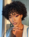 chic short pixie cut bob wig with curly texture and bangs made from human hair