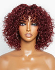 burgundy water wave short bob wigs, pixie cut with bangs, human hair bob wigs for black women