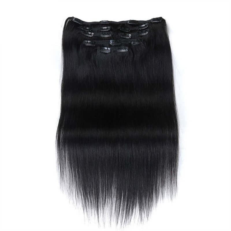 QVR Straight 7Pcs Clip in Human Hair Extensions Black Color  display picture 1