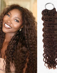 Dark brown body wave human crochet hair extension with a smiling woman showcasing the hairstyle.