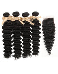 nautral black deep wave human hair bundles with 4x4 lace closure virgin hair