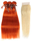 qvr bright red straight human hair bundles with blonde straight hair weave with lace closure