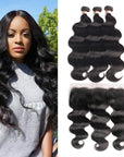 qvr natural black body wave human hair bundles with 13*4 lace closure hair weave